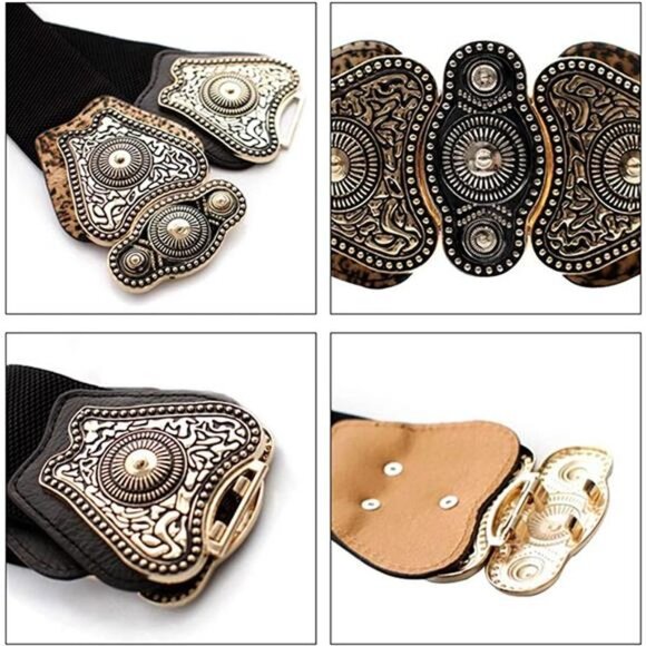 Retro Black & Bronze Chunky Metal Buckle Wide Waistbelt Stretchy Cincher‎ Belt main image 7